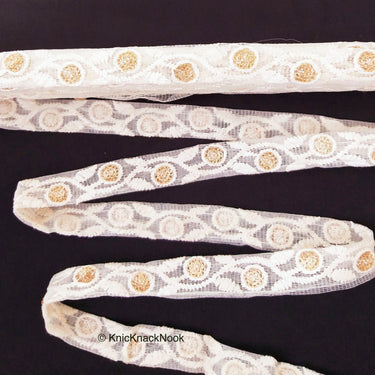 White Net Lace Trim In Floral Embroidery And Glitter Gold Sequins, , Wedding Trims
